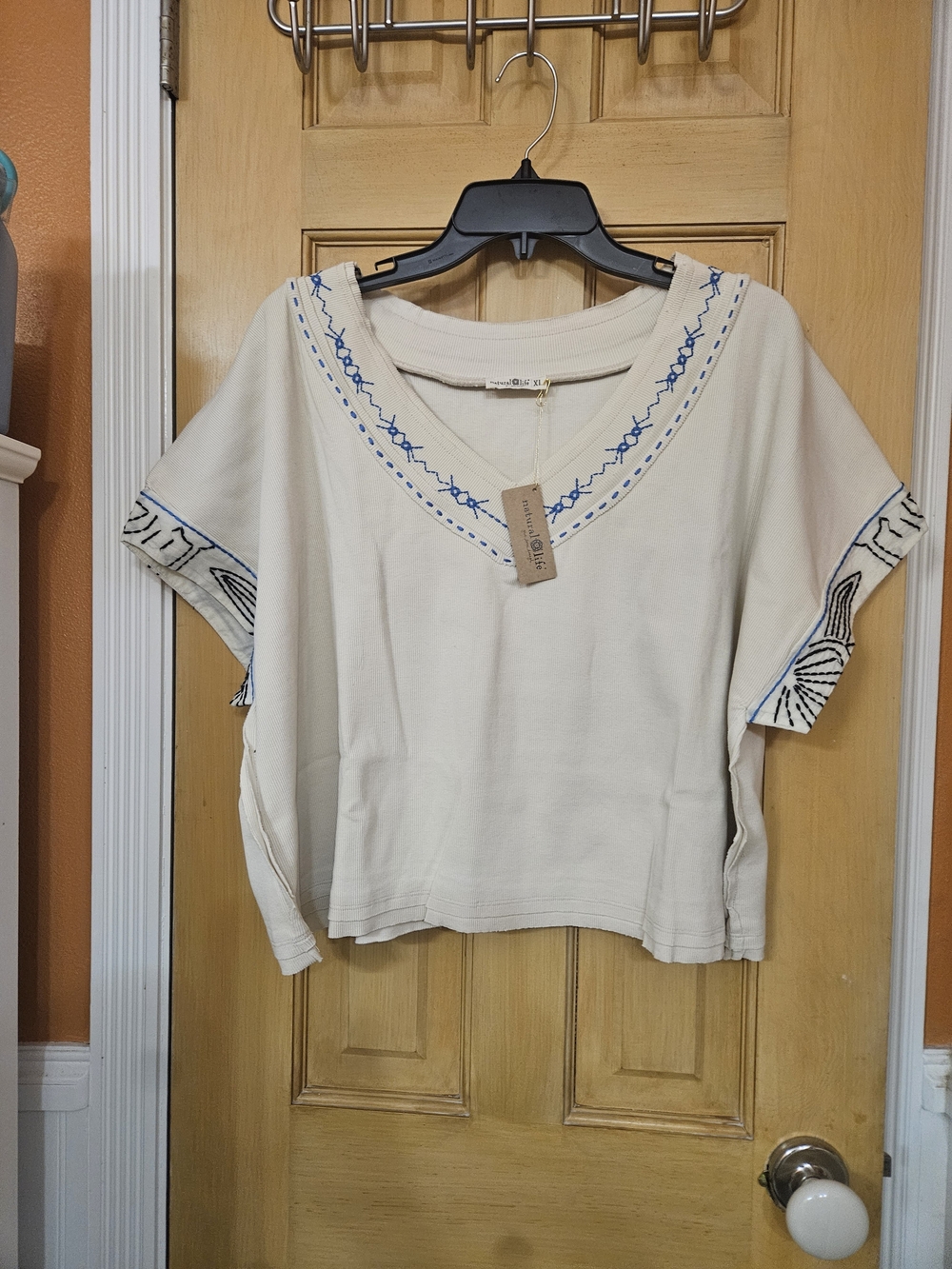 Boho Embroidered V-Neck Women's Top in Cream with Blue & Black Accents